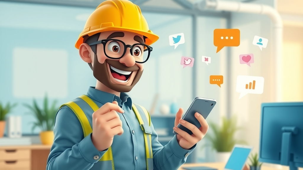 Construction marketing manager enthusiastically sharing contractor blog post on social media platforms.