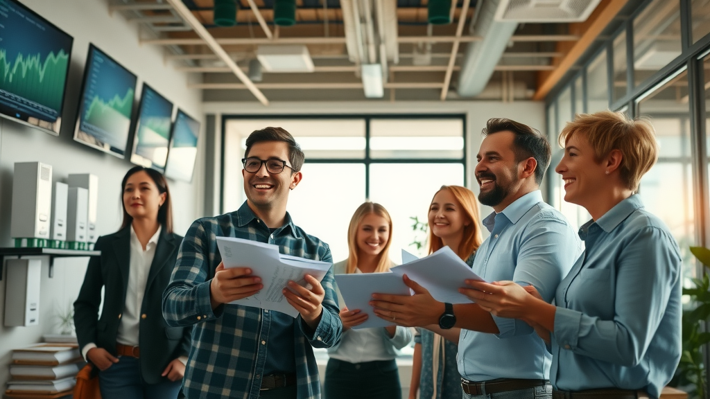 Thriving construction company office staff review progress charts showing blogging impact on lead generation.