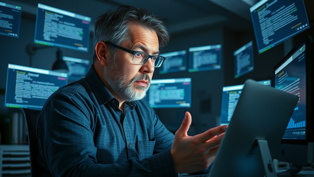 Frustrated construction business owner reviewing mistakes in blogging process with floating digital screens showing errors.