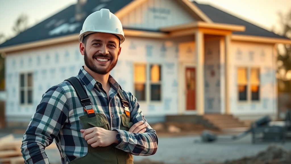 Confident contractor standing beside newly completed project featured on contractor blog.