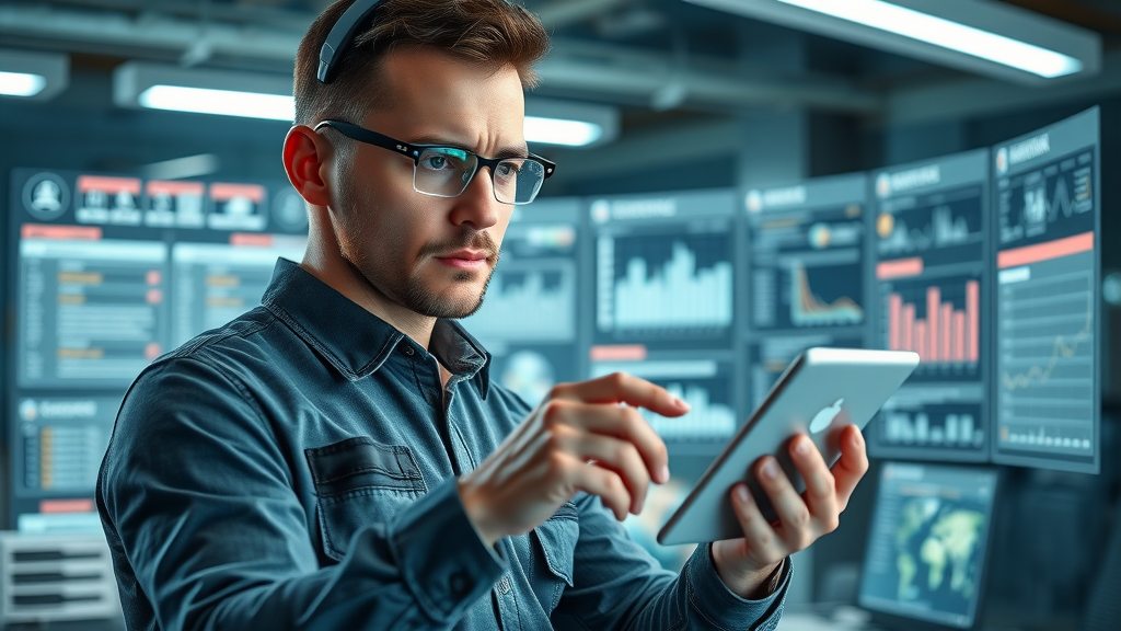 Busy contractor delegating blogging tasks via project management software in digital command center.