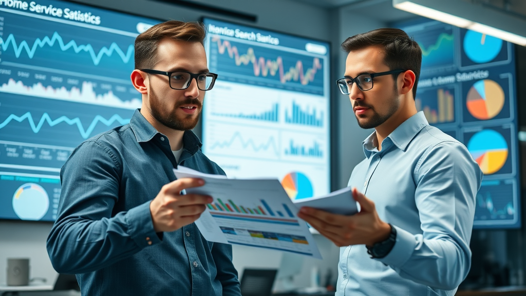 Dynamic infographic displaying home service contractors analyzing local search statistics for local search domination.