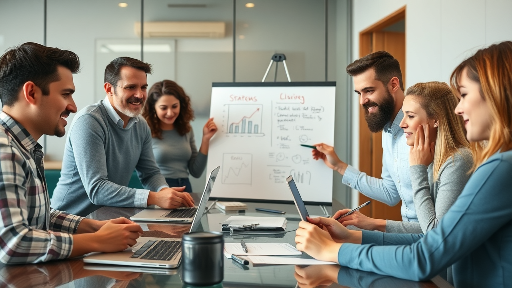 Home service team collaboratively planning a local search domination strategy.