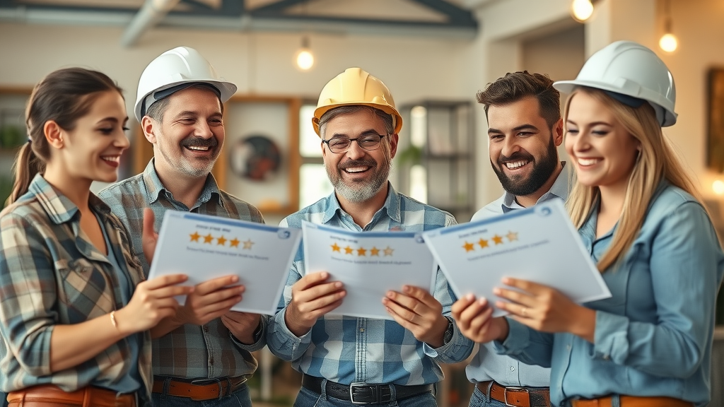Contractor team celebrating positive customer reviews for local search domination.