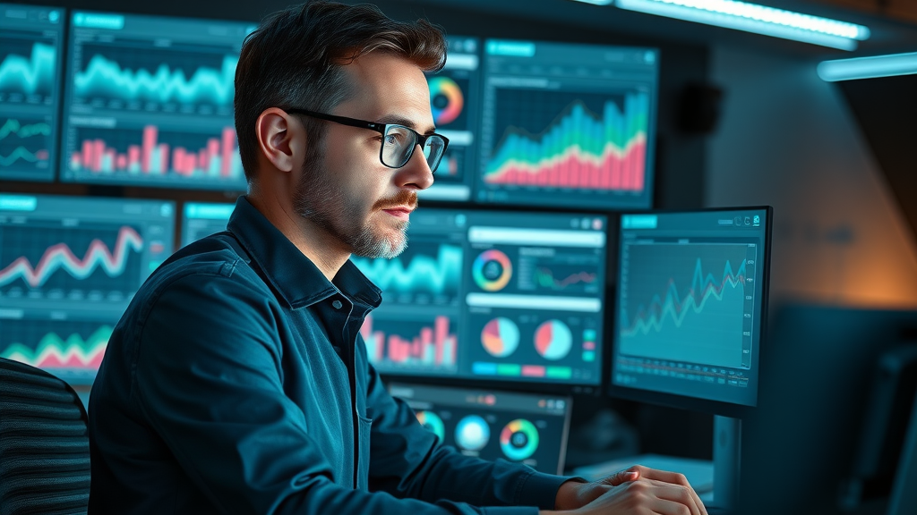 Analytical specialist reviewing local SEO progress with high-tech dashboards.