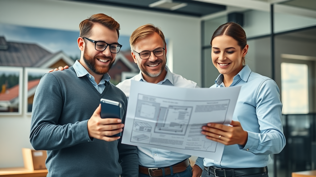 professional roofing contractor team reviewing digital tablet and blueprints for sales conversion strategy