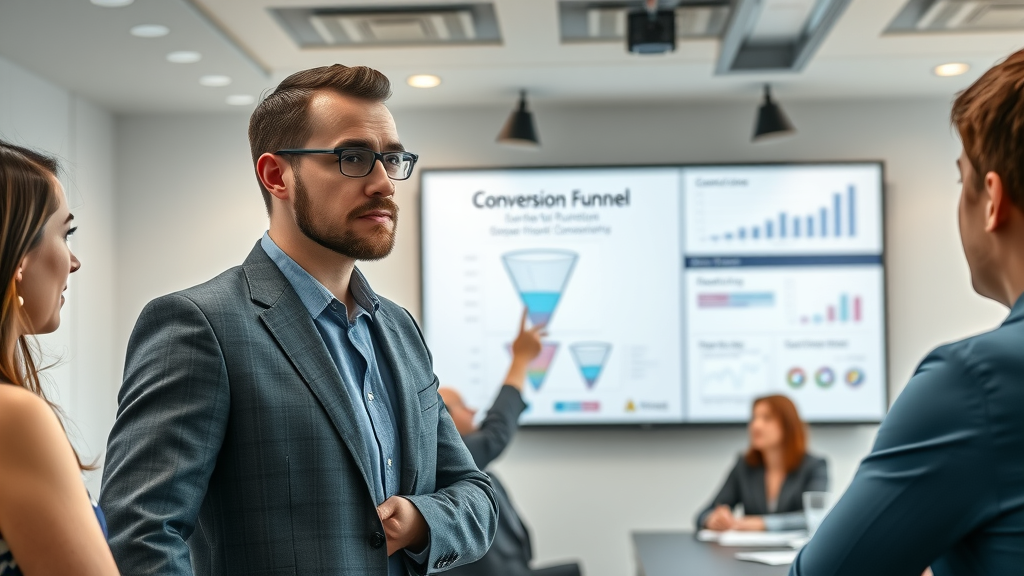 analytical manager pointing to conversion funnel diagram explaining sales conversion strategy