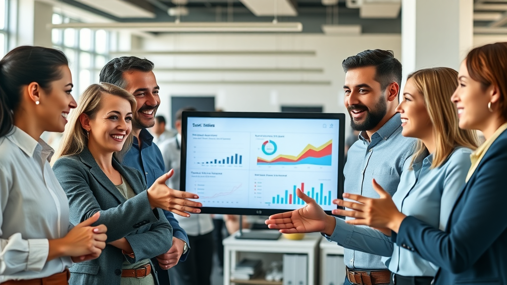 diverse roofing sales team collaborating on sales performance dashboard for conversion success