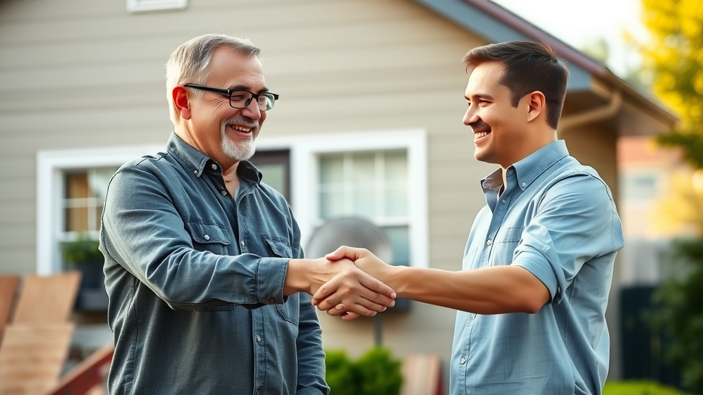 happy homeowner and roofing consultant shaking hands after successful sales conversion