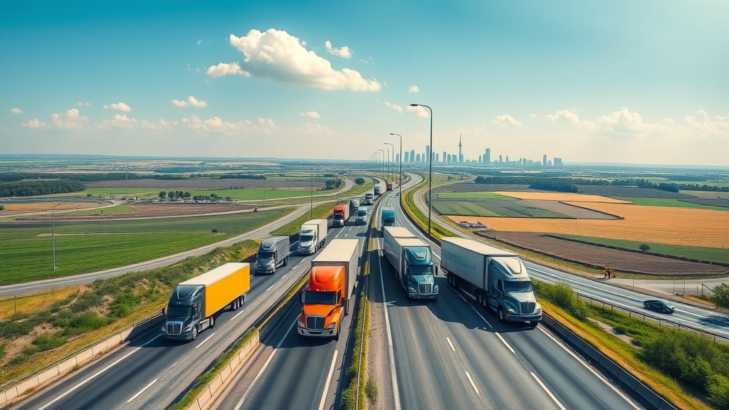 Highway panorama of semi-trucks in motion, efficient trucking logistics