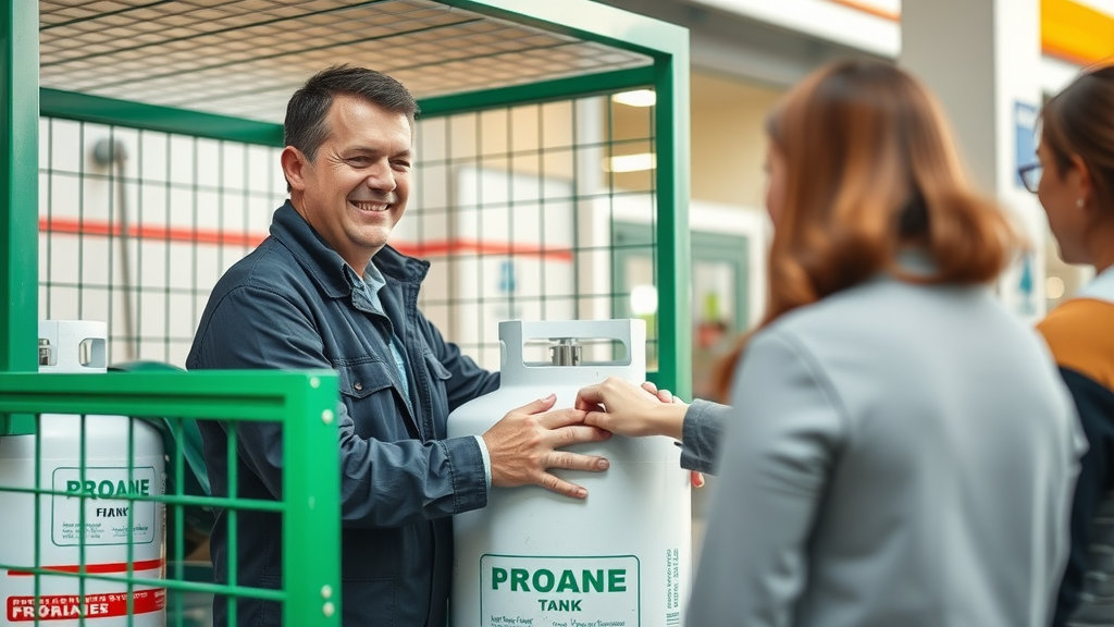 Modern propane tank exchange station with customer and attendant at green cage