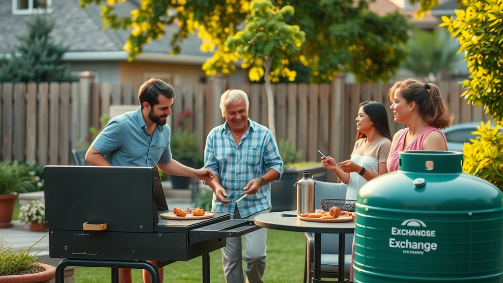 Family grilling in backyard with convenient propane tank exchange setup