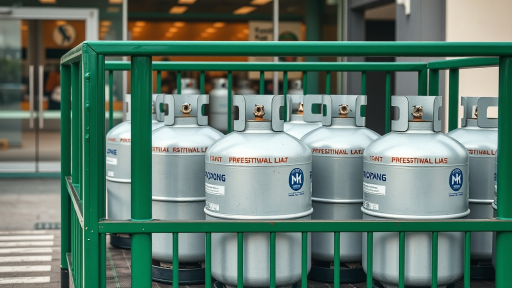 Organized propane tanks in green cage at urban exchange location