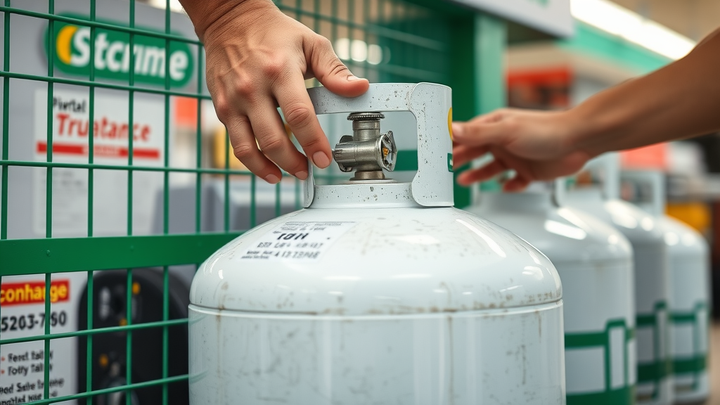 Hands exchanging propane tanks at a green cage station for fast exchange