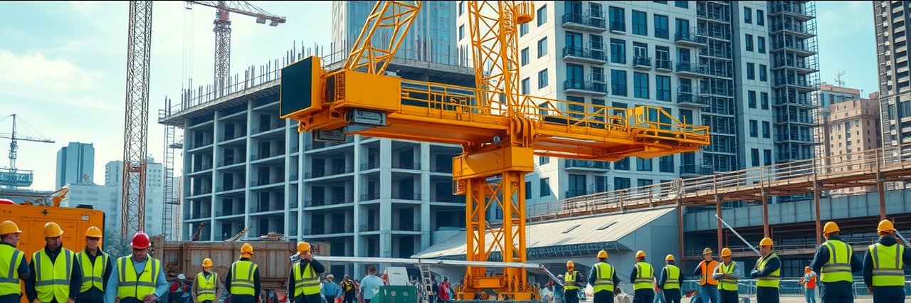 Modern yellow crane lifting girder at construction site for crane rental services.