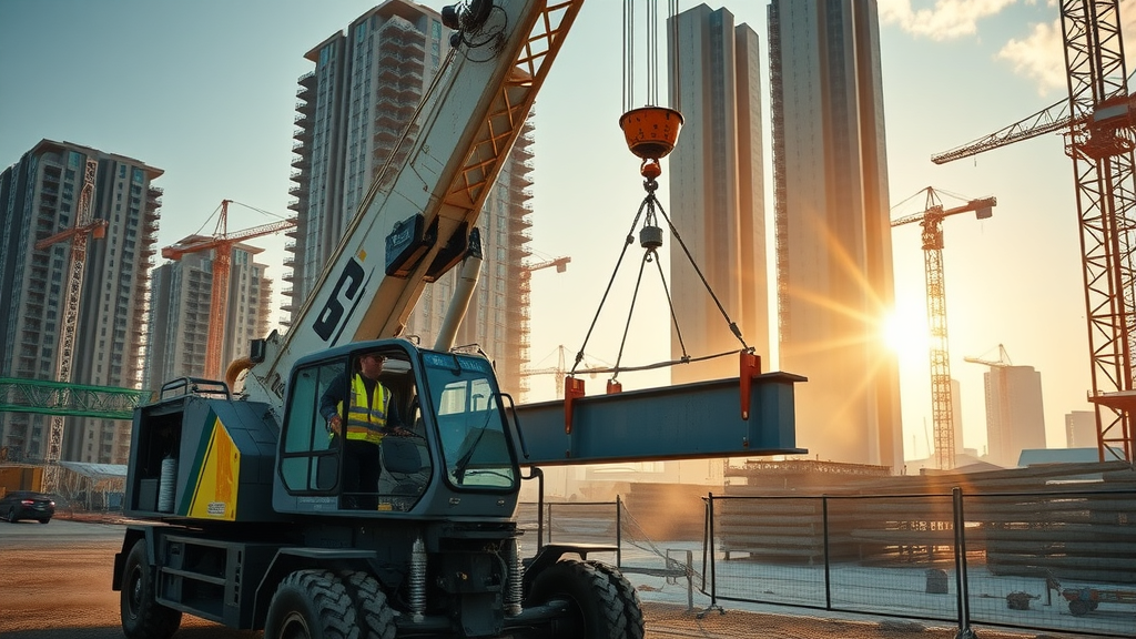 Modern crane lifting beam at active construction site, crane rental in action.