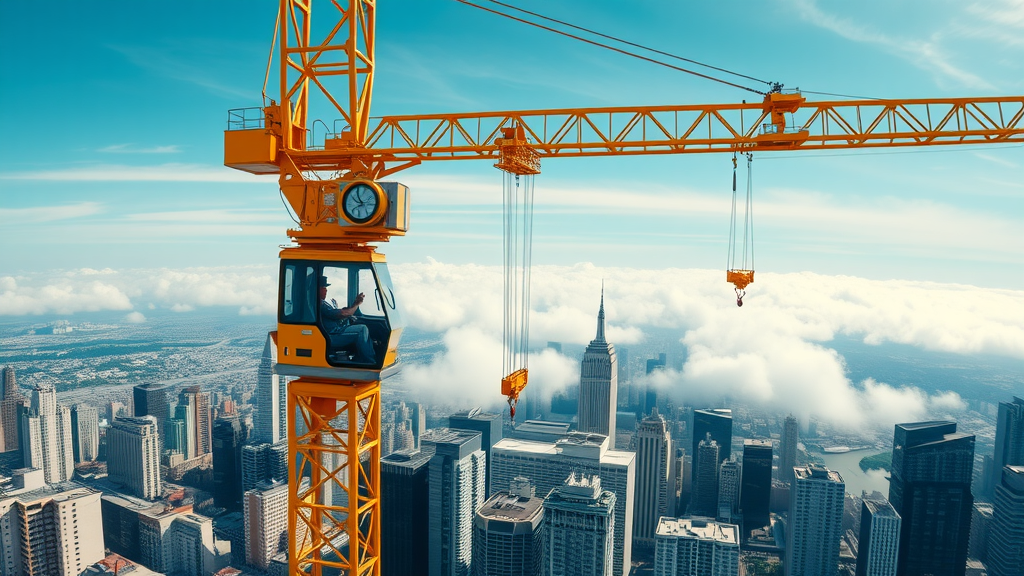 Tower crane operating above city skyline for efficient crane rental solution.