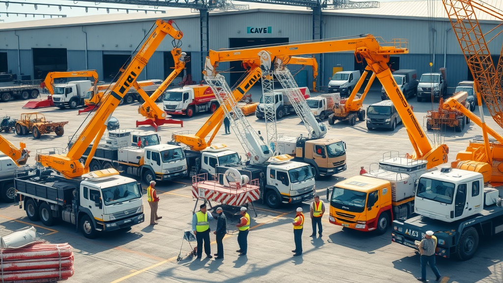 Fleet of rental cranes and crew inspecting equipment for safe crane rental services.