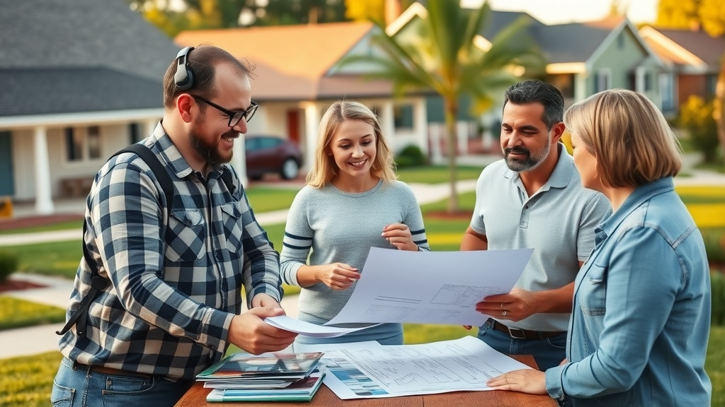 remodeling contractor team meeting local homeowners and discussing renovation plans with blueprints and samples in a residential neighborhood