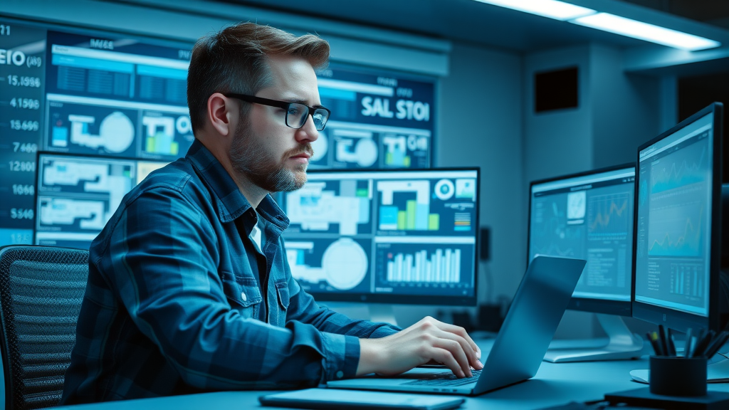 modern remodeling contractor managing SEO and digital marketing analytics on dual computer monitors