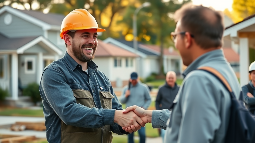 remodeling contractor greeting real estate agent and client at community event in residential area