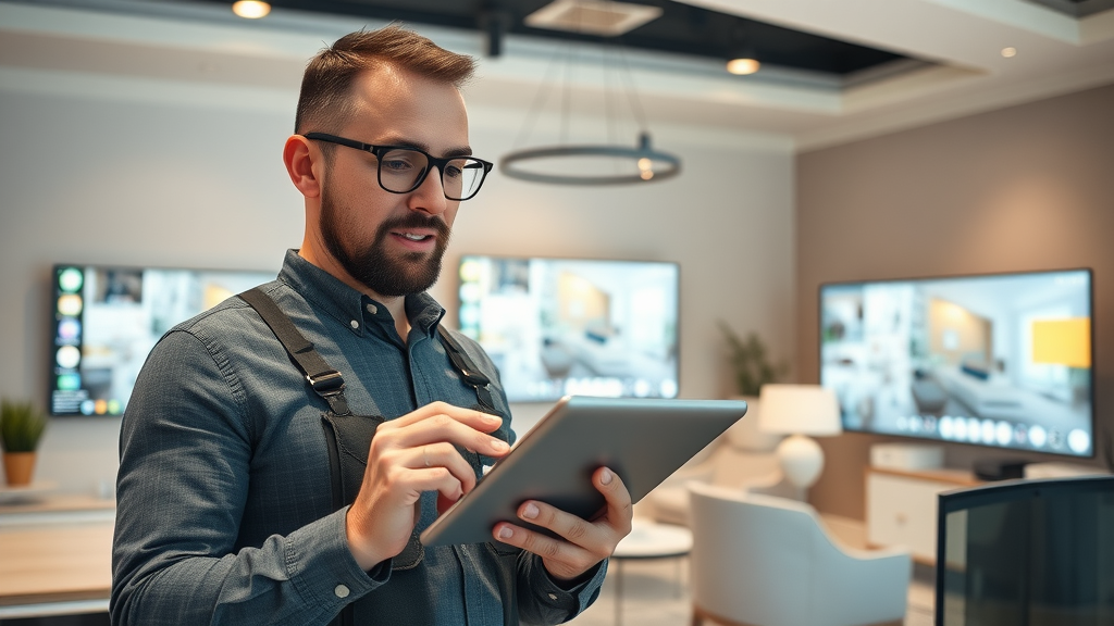 innovative remodeling contractor using tablet presenting 3D virtual tour to clients in modern design studio