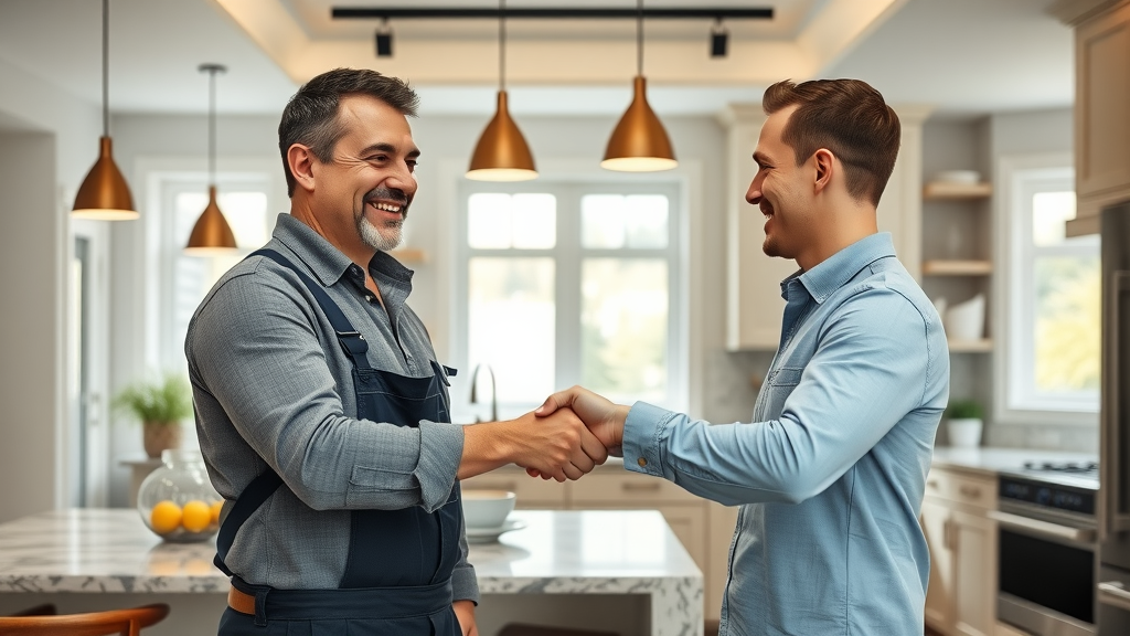 confident remodeling contractor shaking hands with satisfied client in completed modern luxury kitchen