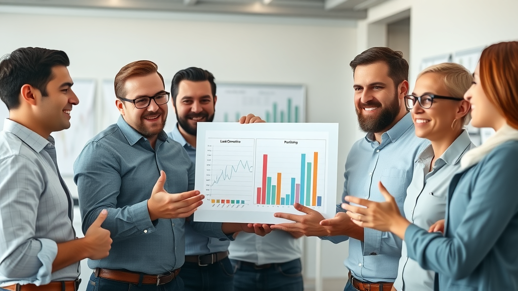 Contractors discussing digital lead conversion charts in a modern office environment, excitedly analyzing data as a team