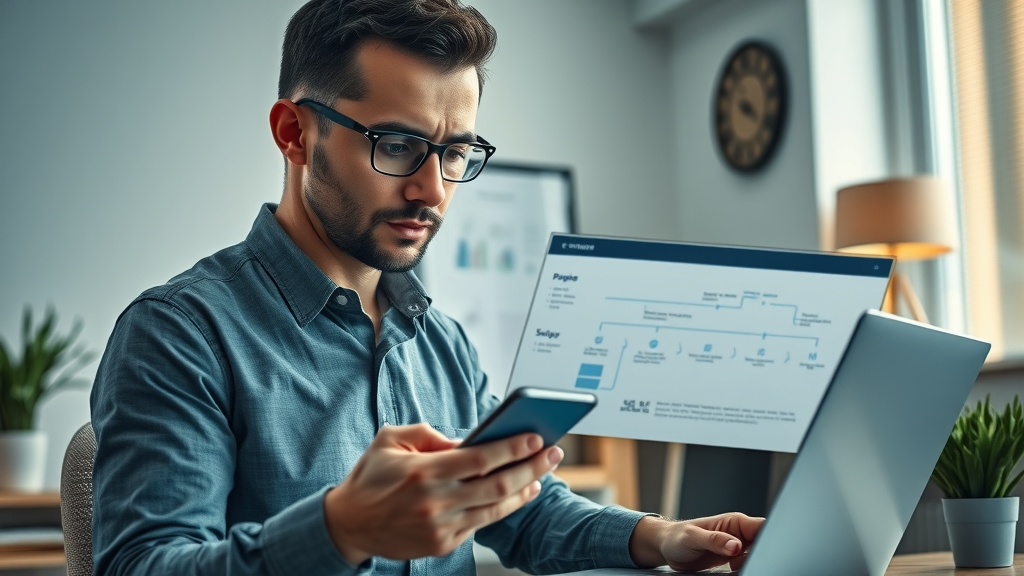Professional contractor reviewing a lead conversion workflow on laptop and mobile device in a tidy office
