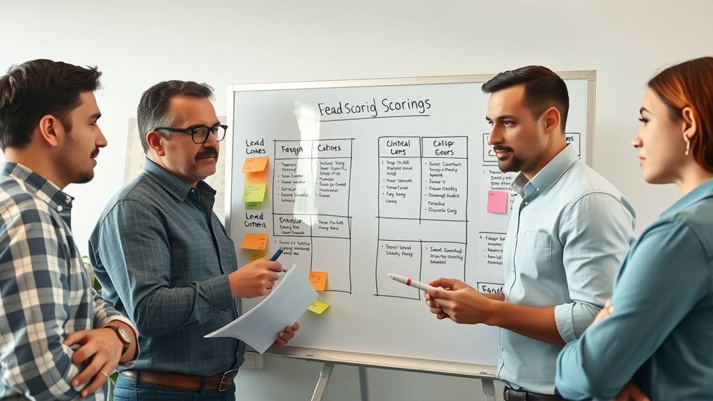 Contractor team at whiteboard mapping out lead scoring criteria for higher lead conversion rate