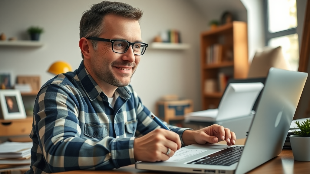 Friendly contractor talking on the phone, taking notes, with CRM visible on laptop during lead conversion