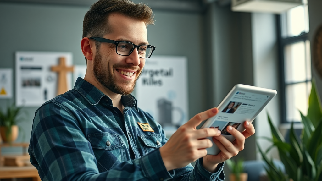 Modern contractor using tablet to share testimonials, engaging with prospects online to increase lead conversion