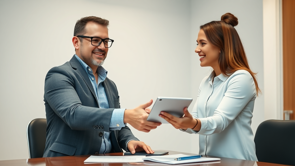 Professional contractor shaking hands with client after successfully converting lead and signing digital agreement