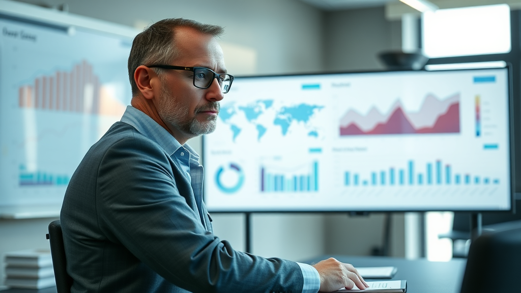 Serious contractor observing analytics dashboard reviewing lead conversion metrics on a large screen