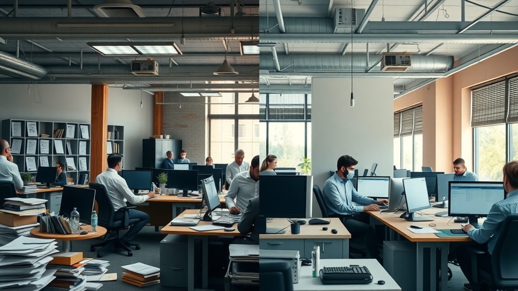 Contractor office transformation: before - disorganized with missed calls, after - efficient digital workflow and positive employee interactions boosting lead conversion