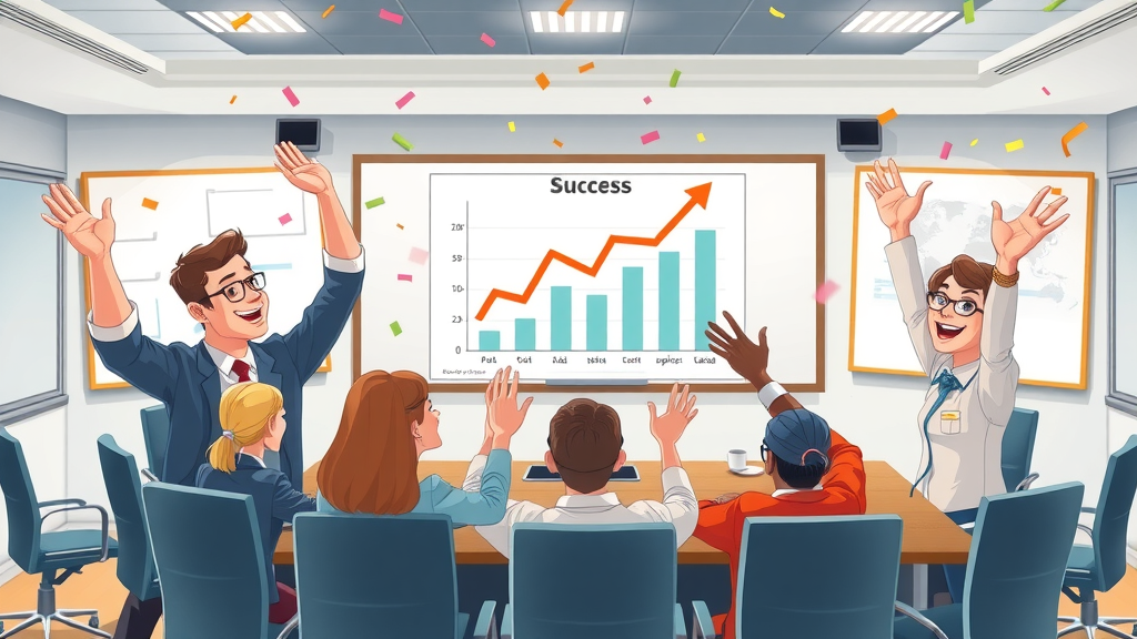 tire kickers to paying customers, business team celebrating sales success with chart and confetti