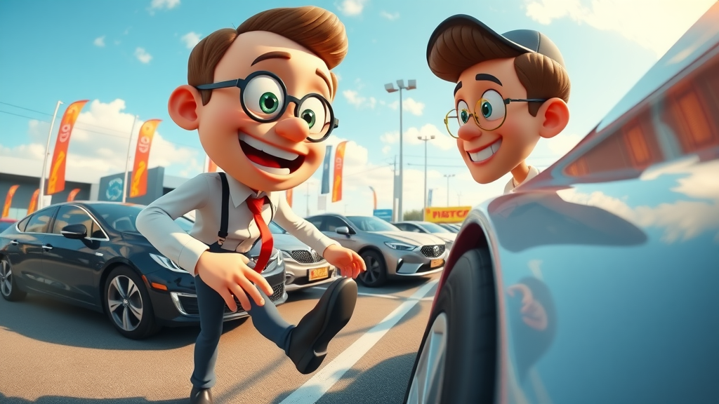 tire kickers to paying customers, cartoon salesperson watching customer literally kicking car tires