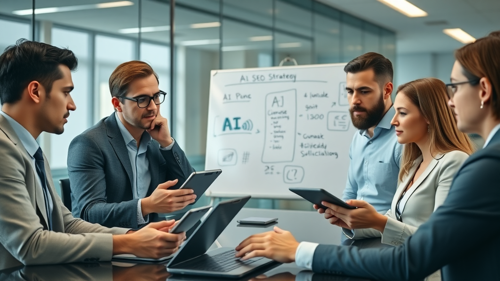 Business team collaborating on AI SEO strategy for Google Business profile