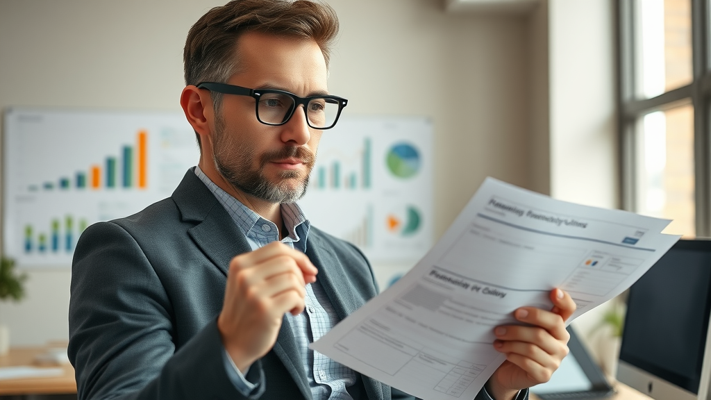 small business owner reviewing financial documents with business credit funding in a modern office environment