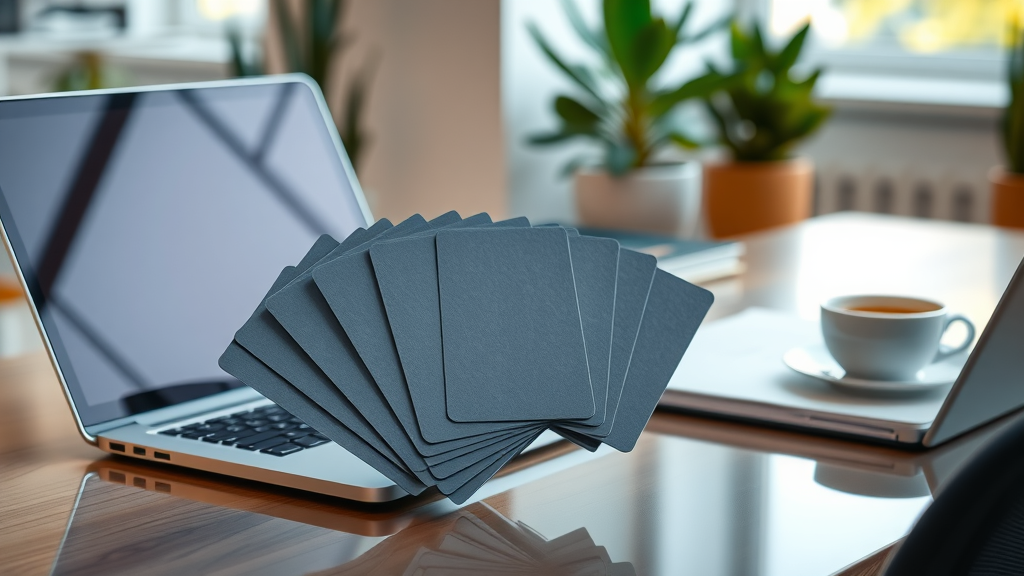sleek business credit cards for small businesses fanned out on a desk next to a laptop and coffee cup