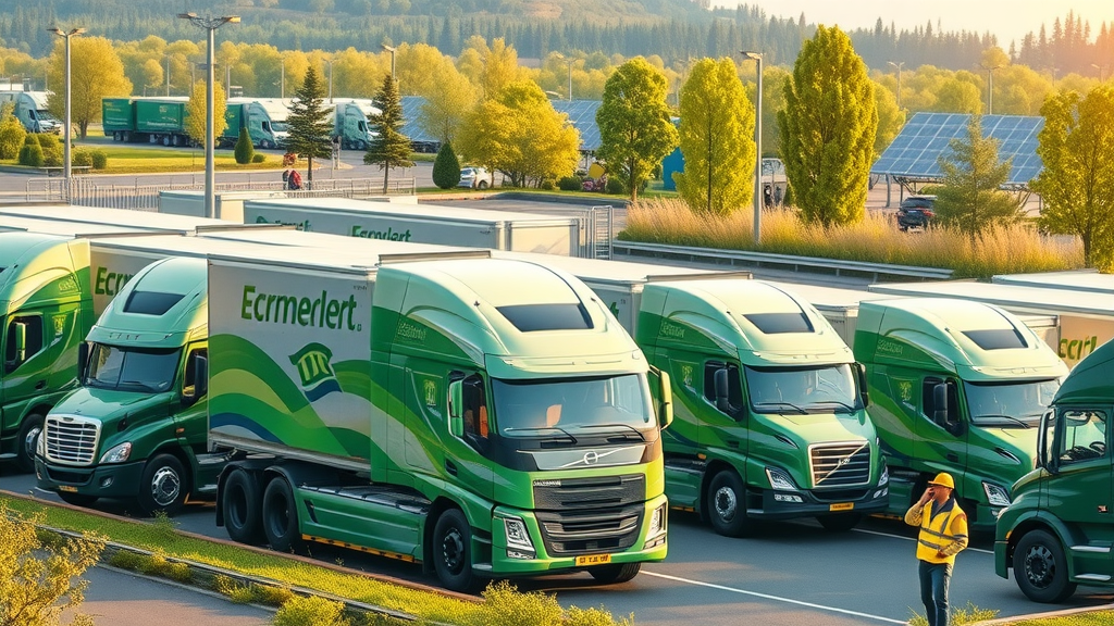 Sustainable FTL logistics fleet with green trucks at advanced logistics depot.