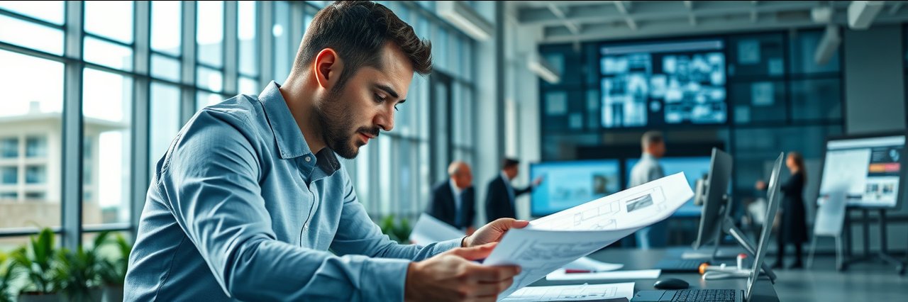 Commercial project management expert analyzing blueprints in a sleek modern office