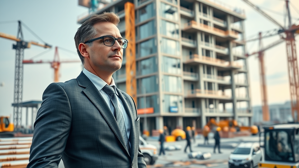 Project manager overseeing modern commercial construction site, commercial project management at work