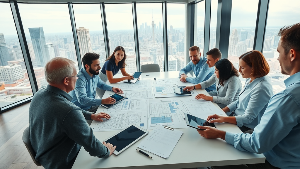 Commercial project management team planning with blueprints in modern office